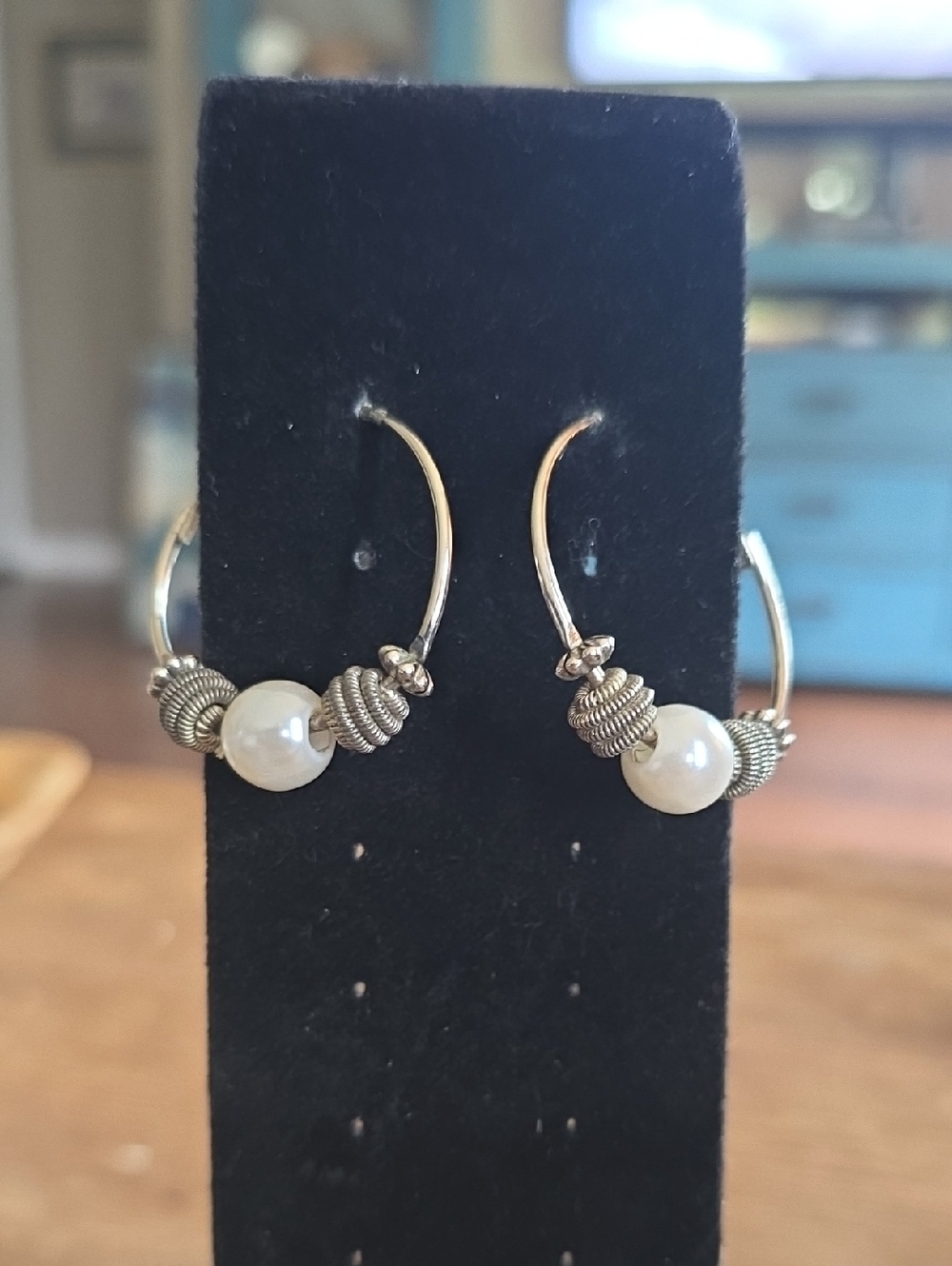 Delicate Pearl Hoop Earrings - Silver Tone